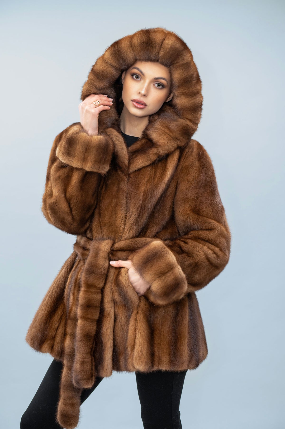 Luxury Royal Mink Fur Coat with Hood – Demi Buff Long Jacket Mid Length, Size XL